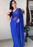 1 Min Royal Blue Soft Georgette Stitched Readymade Saree - BONYHUBSAREE
