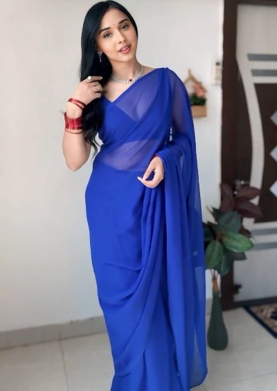 1 Min Royal Blue Soft Georgette Stitched Readymade Saree - BONYHUBSAREE