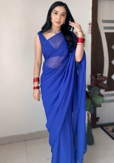 1 Min Royal Blue Soft Georgette Stitched Readymade Saree - BONYHUBSAREE