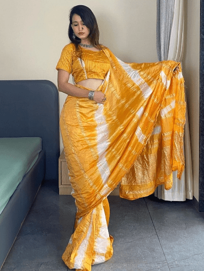 1 Min Saree Ready to Wear Mango Chanderi Silk Sari - BONYHUBSAREE