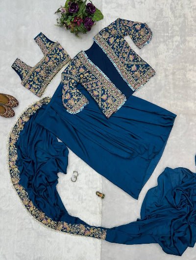 1 Min Teal Blue Embroidered Ready to Wear Saree Blouse &amp; Koti - BONYHUBSAREE