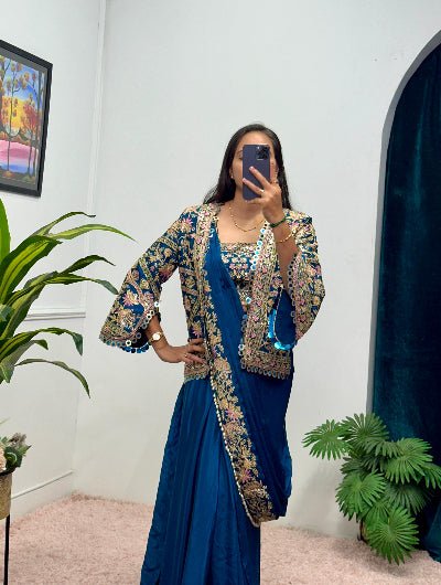 1 Min Teal Blue Embroidered Ready to Wear Saree Blouse &amp; Koti - BONYHUBSAREE