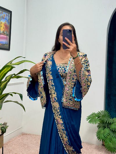 1 Min Teal Blue Embroidered Ready to Wear Saree Blouse &amp; Koti - BONYHUBSAREE