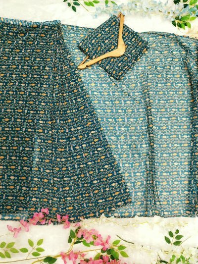 1 Min Teal Green Printed Georgette Stitched Readymade Saree - BONYHUBSAREE