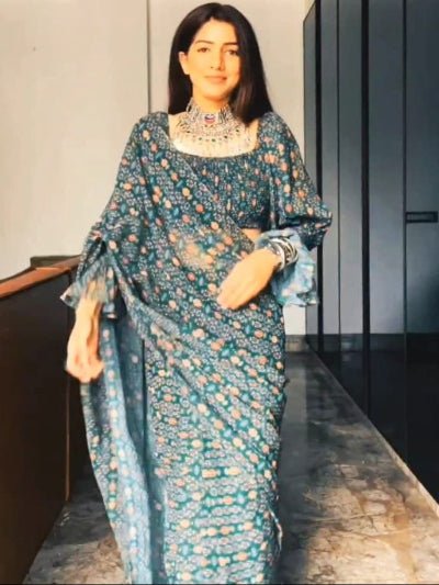 1 Min Teal Green Printed Georgette Stitched Readymade Saree - BONYHUBSAREE