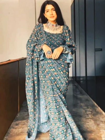 1 Min Teal Green Printed Georgette Stitched Readymade Saree - BONYHUBSAREE