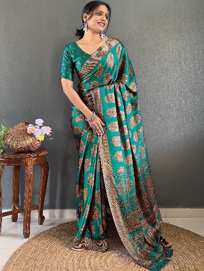 1 Min Teal Green Soft Moss Silk Stitched Readymade Saree - BONYHUBSAREE
