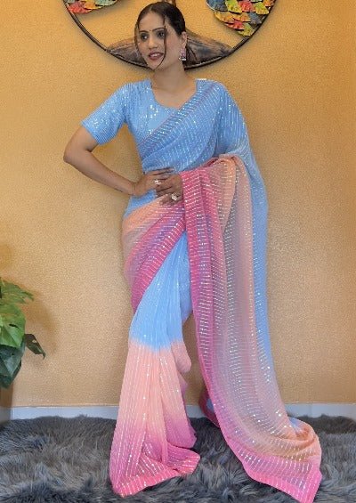 1 Min Unicorn Sequins Georgette Stitched Readymade Saree - BONYHUBSAREE