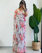 1 Min White Georgette Floral Print Stitched Readymade Saree - BONYHUBSAREE