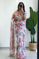 1 Min White Georgette Floral Print Stitched Readymade Saree - BONYHUBSAREE