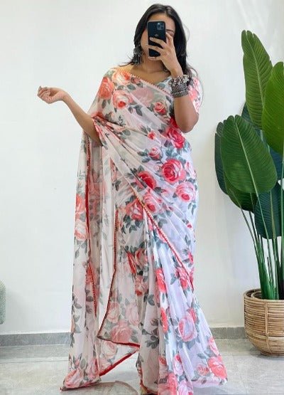 1 Min White Georgette Floral Print Stitched Readymade Saree - BONYHUBSAREE