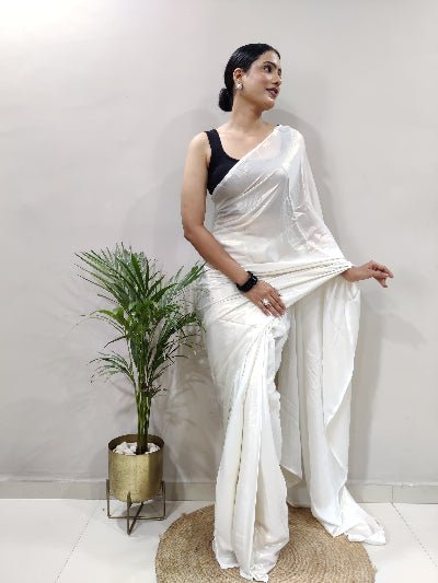 1 Min White Shimmer Satin Silk Stitched Readymade Saree+ Blouse - BONYHUBSAREE