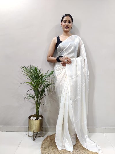 1 Min White Shimmer Satin Silk Stitched Readymade Saree+ Blouse - BONYHUBSAREE