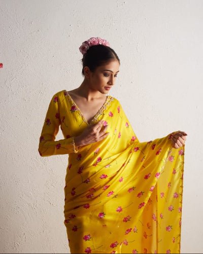 1 Min Yellow Floral Satin Silk Readymade Saree With Blouse UK Next Day - BONYHUBSAREE