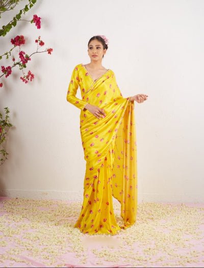 1 Min Yellow Floral Satin Silk Readymade Saree With Blouse UK Next Day - BONYHUBSAREE