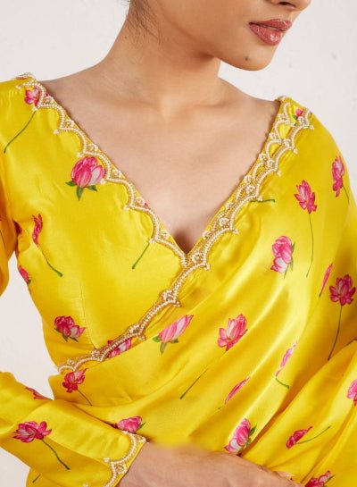 1 Min Yellow Floral Satin Silk Readymade Saree With Blouse UK Next Day - BONYHUBSAREE