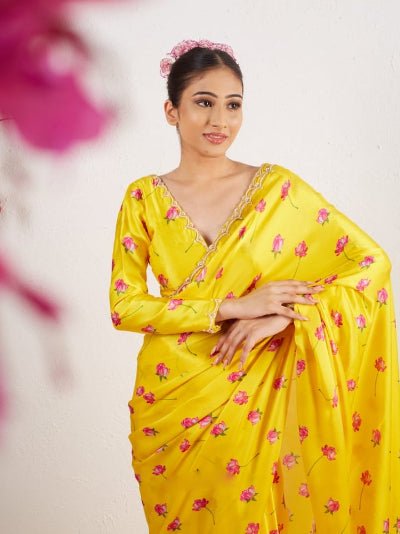 1 Min Yellow Floral Satin Silk Readymade Saree With Blouse UK Next Day - BONYHUBSAREE