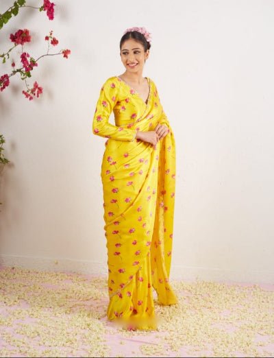 1 Min Yellow Floral Satin Silk Readymade Saree With Blouse UK Next Day - BONYHUBSAREE
