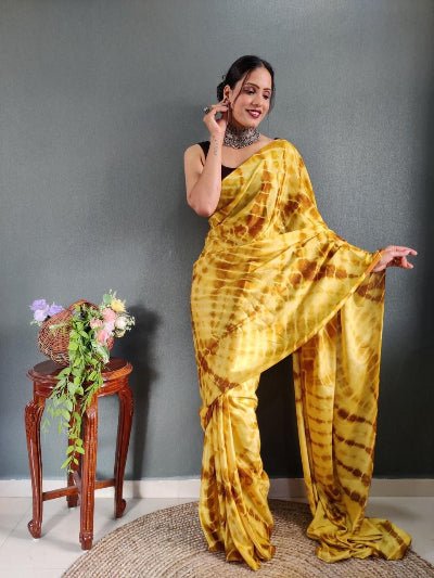 1 Min Yellow Shibori Print Ready To Wear Saree - BONYHUBSAREE