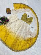1 Min Yellow White Mirror Work Readymade Saree+ Blouse UK Next Day - BONYHUBSAREE