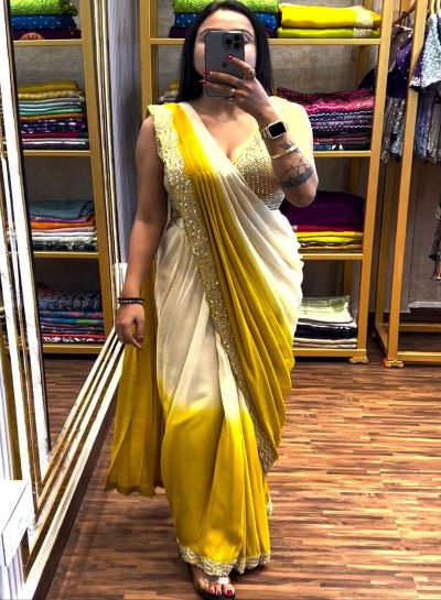 1 Min Yellow White Mirror Work Readymade Saree+ Blouse UK Next Day - BONYHUBSAREE