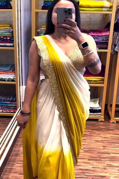 1 Min Yellow White Mirror Work Readymade Saree+ Blouse UK Next Day - BONYHUBSAREE