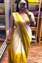 1 Min Yellow White Mirror Work Readymade Saree+ Blouse UK Next Day - BONYHUBSAREE