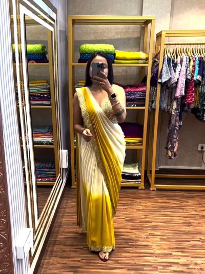 1 Min Yellow White Mirror Work Readymade Saree+ Blouse UK Next Day - BONYHUBSAREE