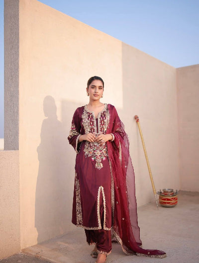 Maroon Gold Embroidered Work Satin Silk Suit Set