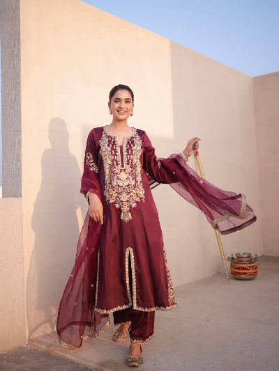 Maroon Gold Embroidered Work Satin Silk Suit Set