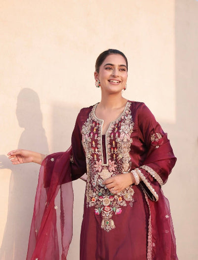 Maroon Gold Embroidered Work Satin Silk Suit Set