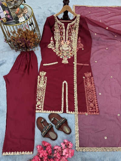 Maroon Gold Embroidered Work Satin Silk Suit Set