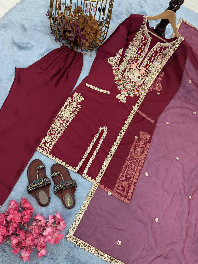Maroon Gold Embroidered Work Satin Silk Suit Set
