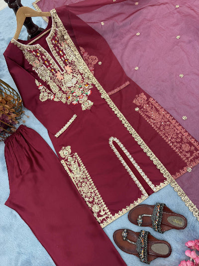 Maroon Gold Embroidered Work Satin Silk Suit Set