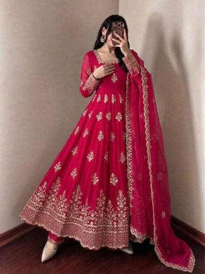 Red Embroidered Silk Anarkali Gown Suit Set UK Next Day