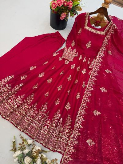 Red Embroidered Silk Anarkali Gown Suit Set UK Next Day
