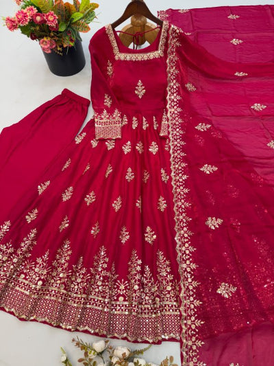 Red Embroidered Silk Anarkali Gown Suit Set UK Next Day