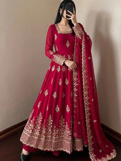 Red Embroidered Silk Anarkali Gown Suit Set UK Next Day