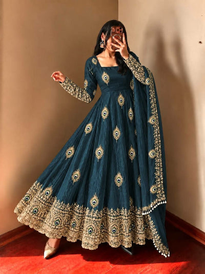 Teal Blue Morpankh Embroidered Anarkali Gown Suit Set