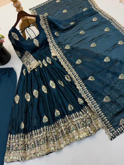 Teal Blue Morpankh Embroidered Anarkali Gown Suit Set