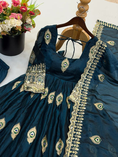 Teal Blue Morpankh Embroidered Anarkali Gown Suit Set