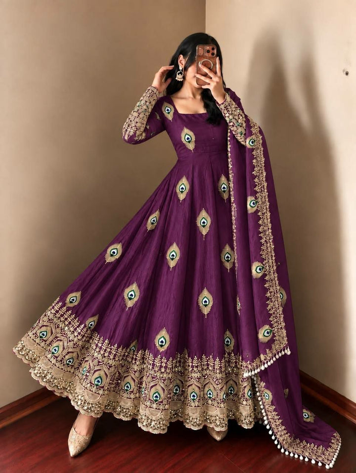 Purple Morpankh Embroidered Anarkali Gown Suit Set