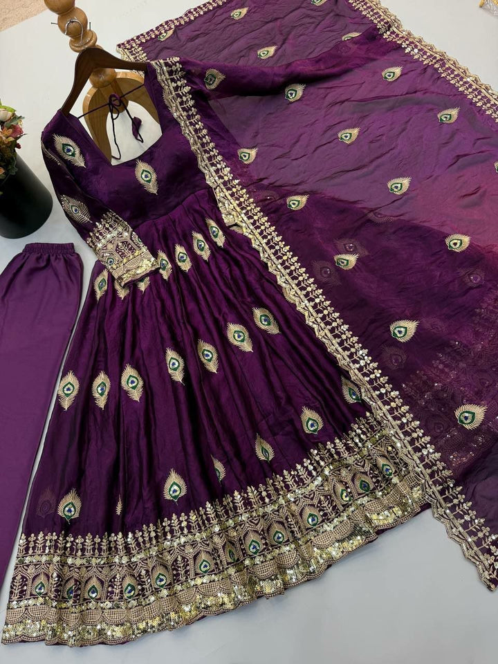 Purple Morpankh Embroidered Anarkali Gown Suit Set