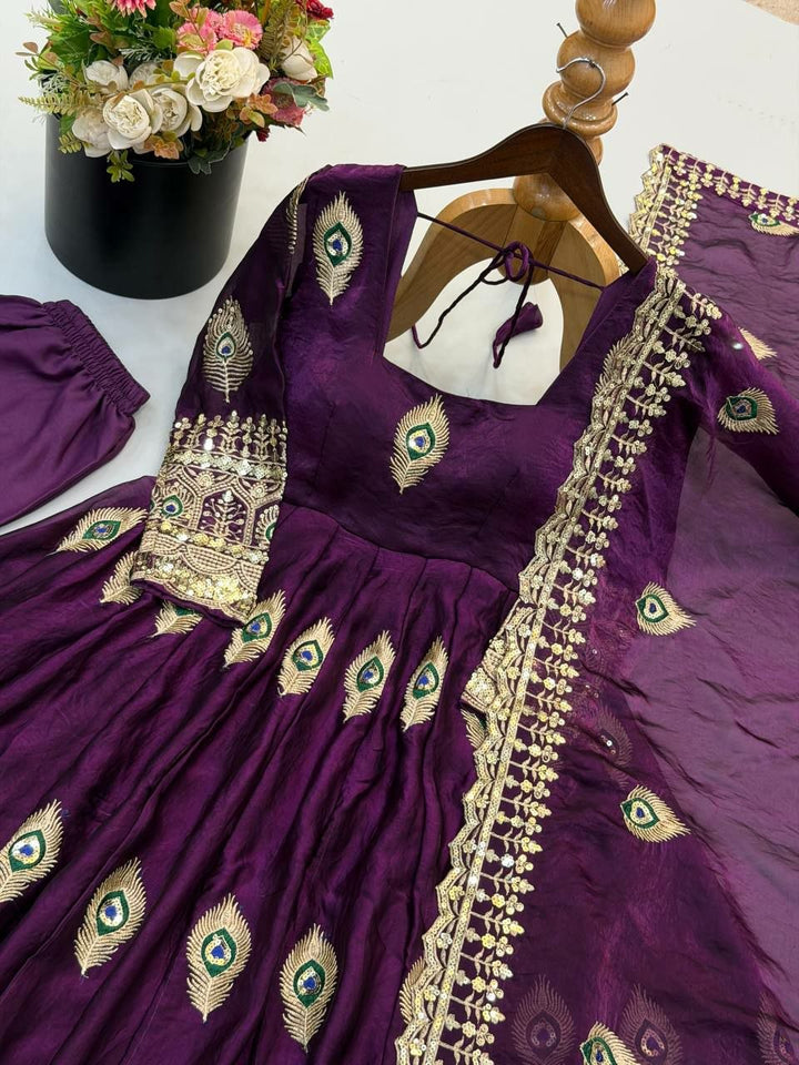 Purple Morpankh Embroidered Anarkali Gown Suit Set
