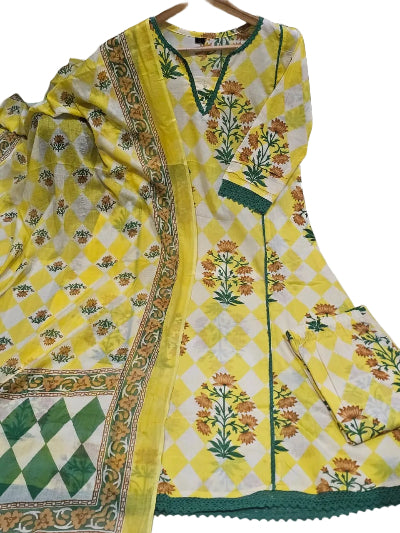 Yellow Pure Cotton Handblock Anarkali Suit Set