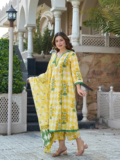 Yellow Pure Cotton Handblock Anarkali Suit Set