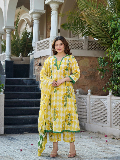 Yellow Pure Cotton Handblock Anarkali Suit Set