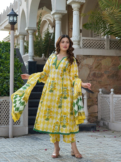 Yellow Pure Cotton Handblock Anarkali Suit Set