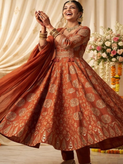 Rust Orange Handblock Cotton Anarkali Suit Set with Dupatta