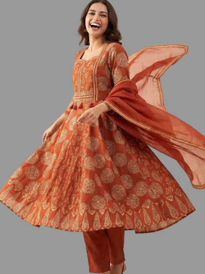 Rust Orange Handblock Cotton Anarkali Suit Set with Dupatta